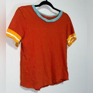 We The Free Women's Tee Sz L Cotton Orange Blue Yellow Relaxed Raw Hem